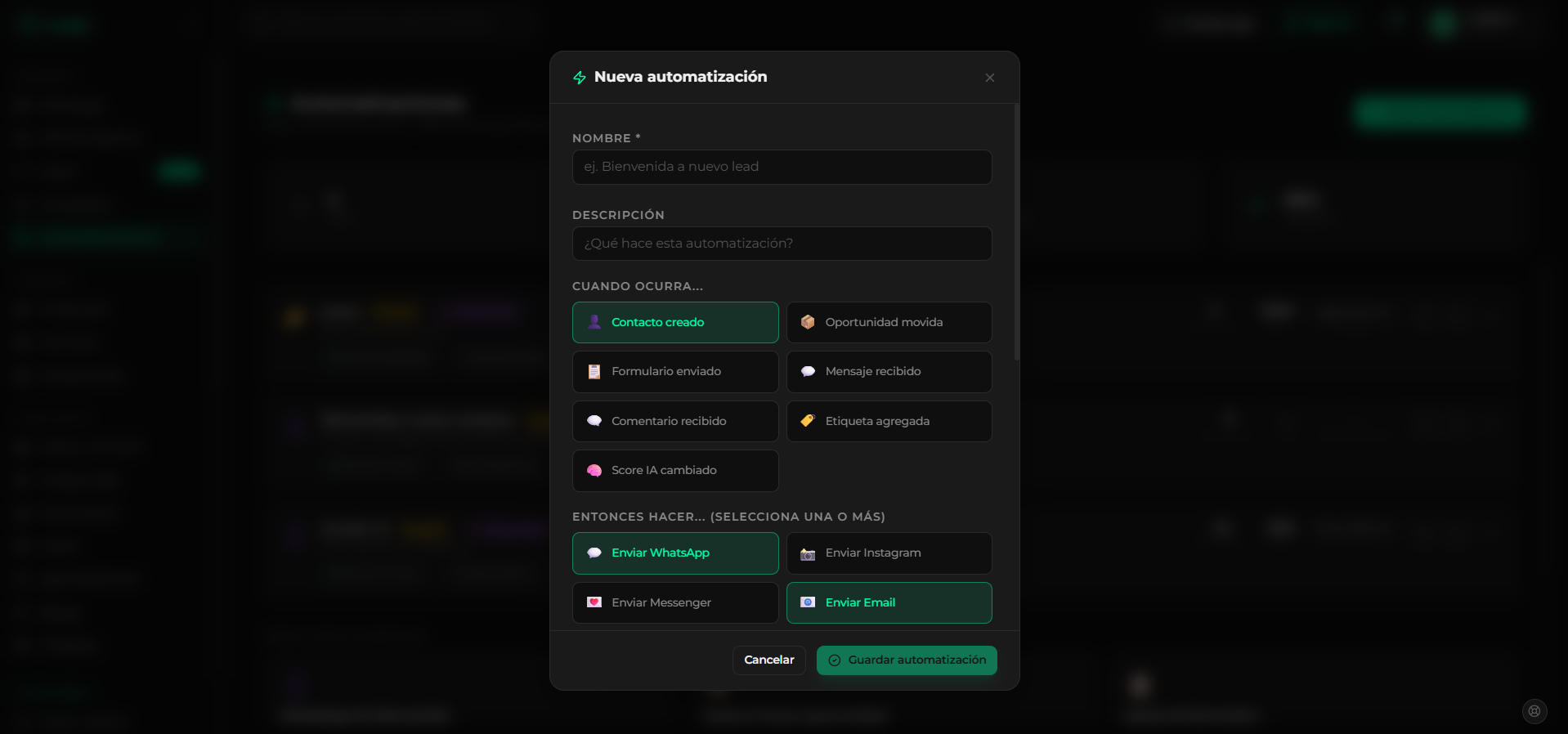 Flujo de automatización: formulario, condición de score, asignar, WhatsApp, notificar