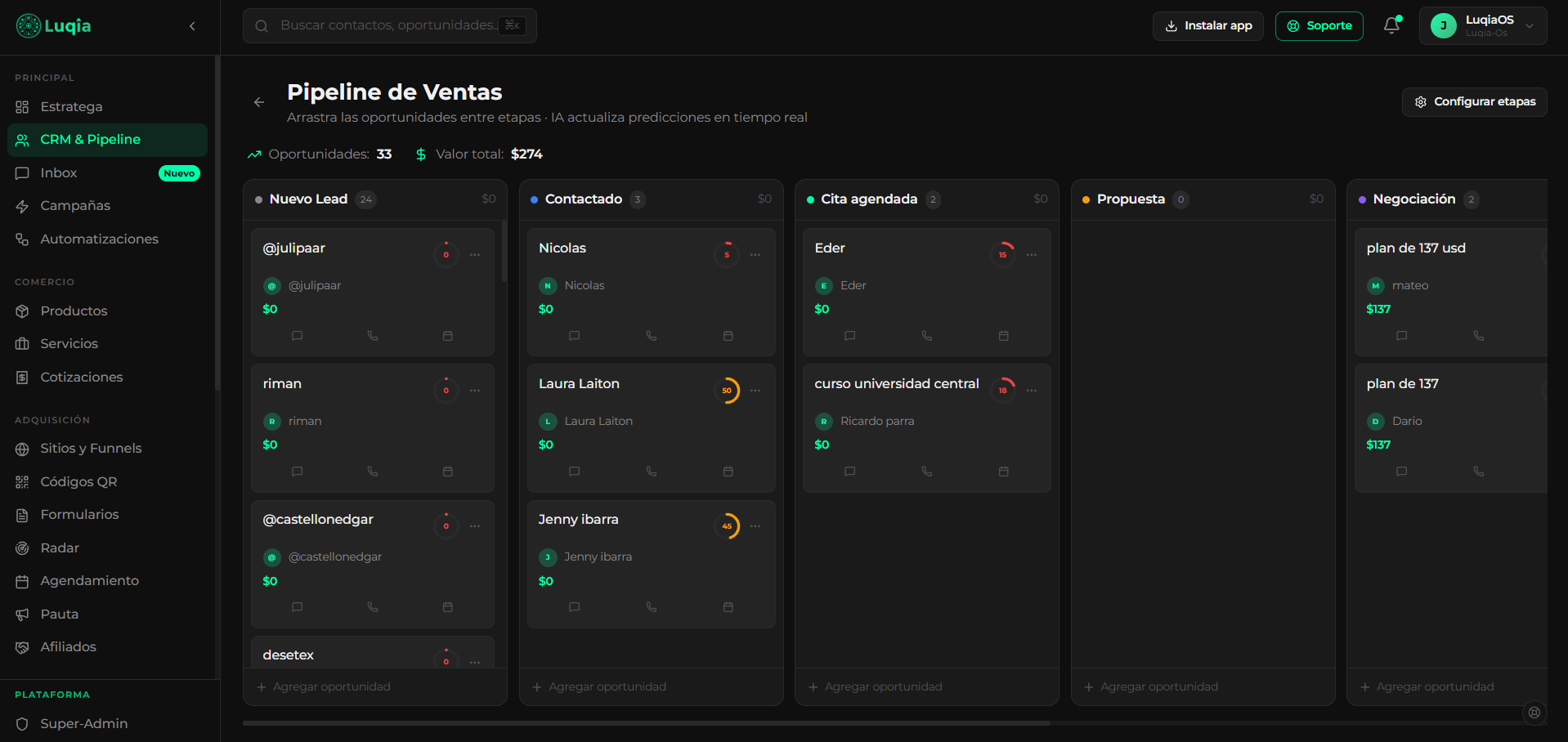 Pipeline de CRM con oportunidades, valores y responsables