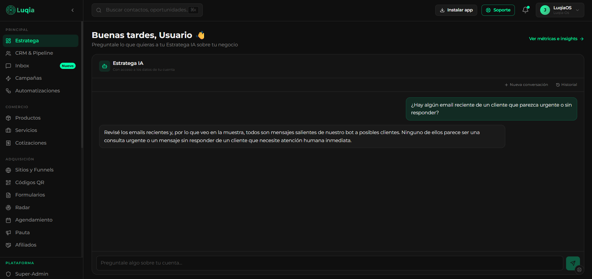 Dashboard principal de Luqia OS con el Estratega IA, alertas, pipeline y métricas